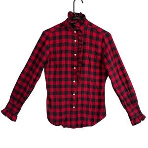 Ralph Lauren Sport Women's Flannel Shirt Buffalo Check Ruffle Neck SZ 4 Preppy